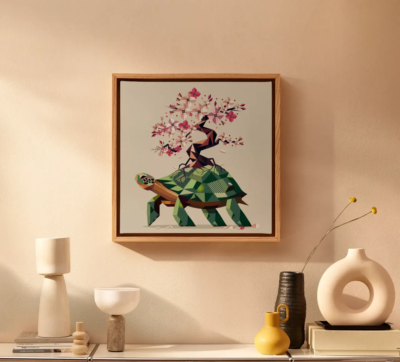 Turtle with cherry blossom bonsai - a symbol of patience canvas with Floater frame by namosh