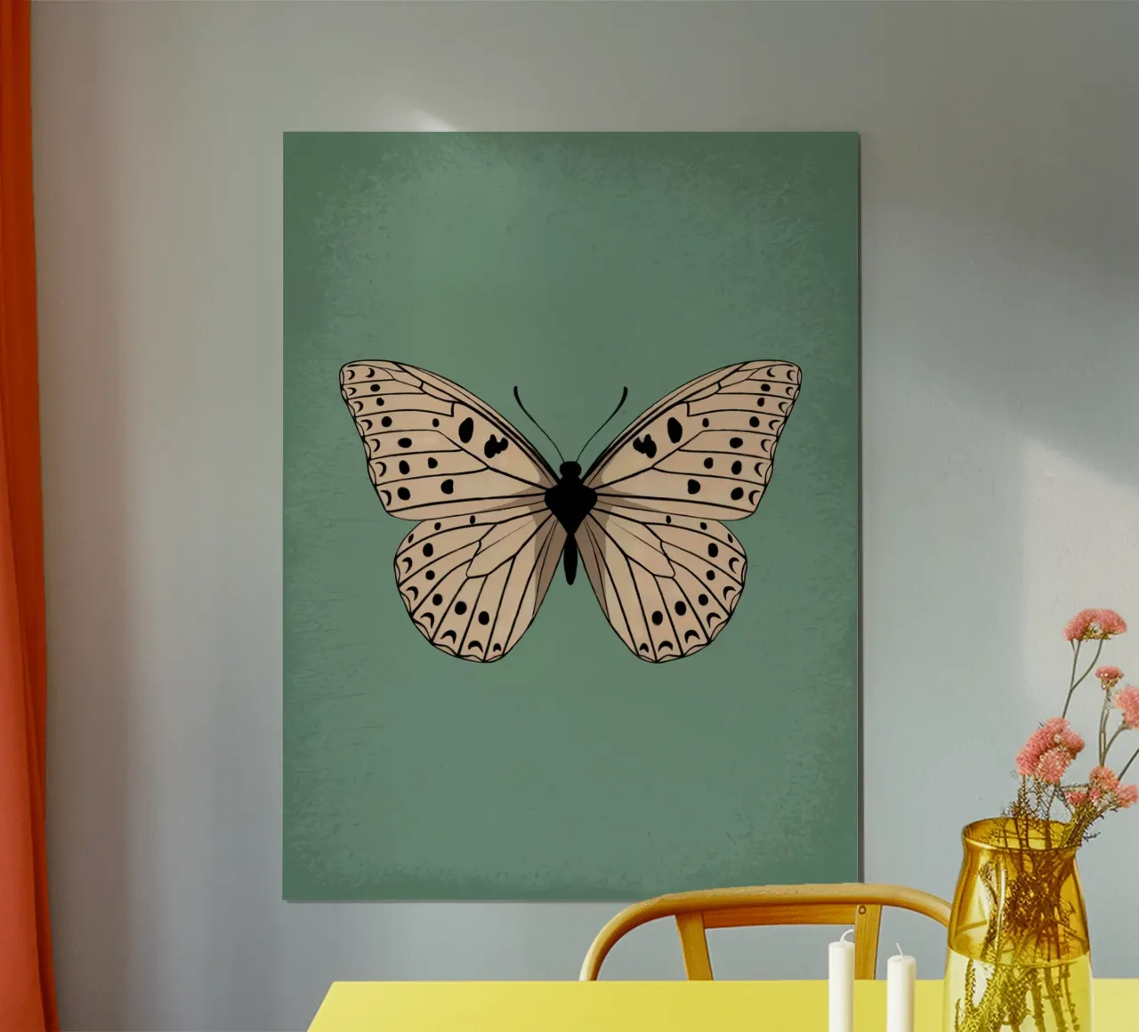 Farfalla su sfondo verde poster con telaio in alluminio da logic