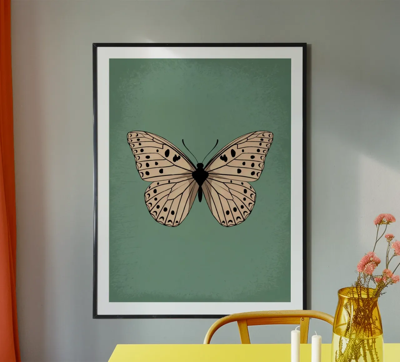 Farfalla su sfondo verde poster con telaio in alluminio da logic