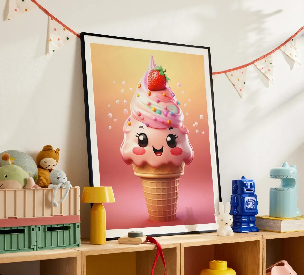 Kawaii Strawberry Ice Cream Delight poster con telaio in alluminio da Hightown Design