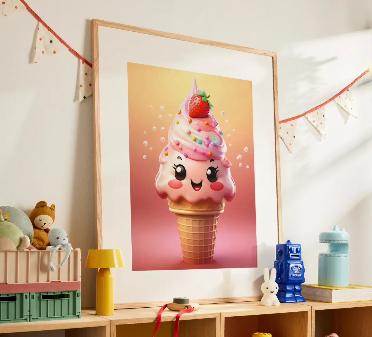 Kawaii Strawberry Ice Cream Delight poster con telaio in alluminio da Hightown Design