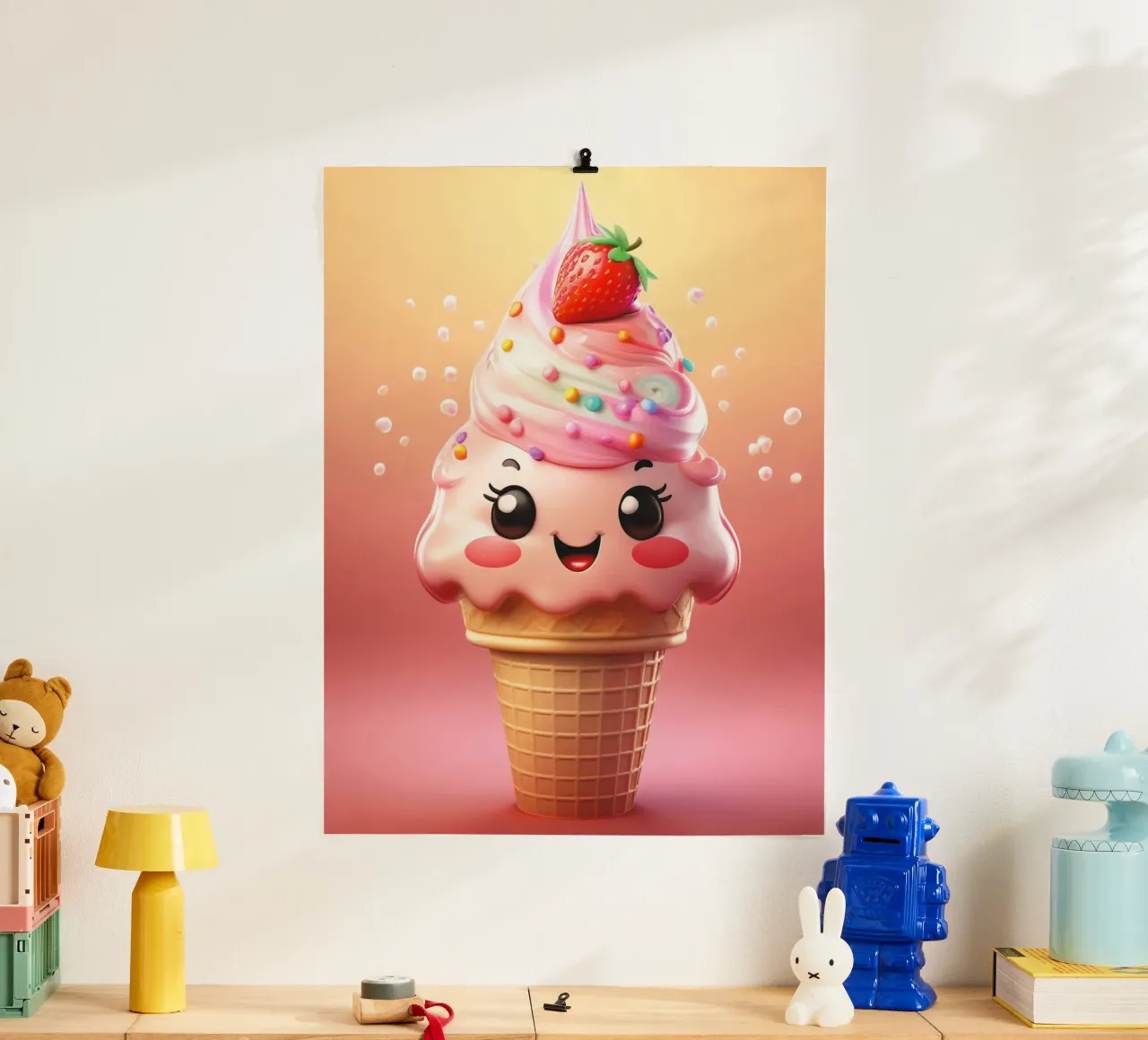 Kawaii Strawberry Ice Cream Delight poster con telaio in alluminio da Hightown Design