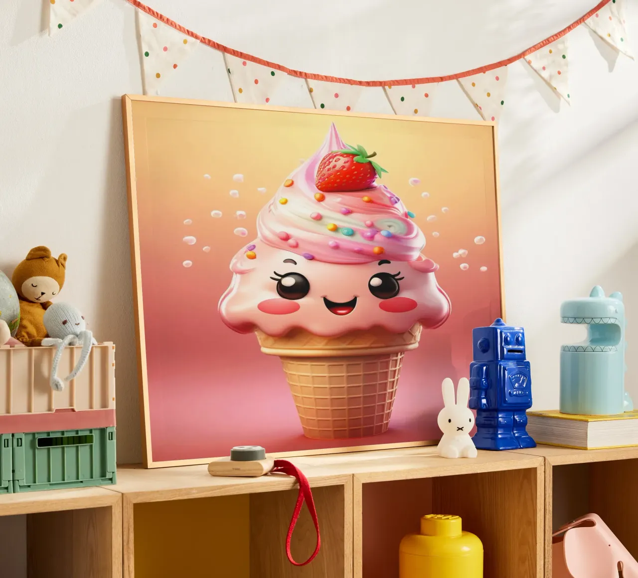 Kawaii Strawberry Ice Cream Delight poster con telaio in alluminio da Hightown Design