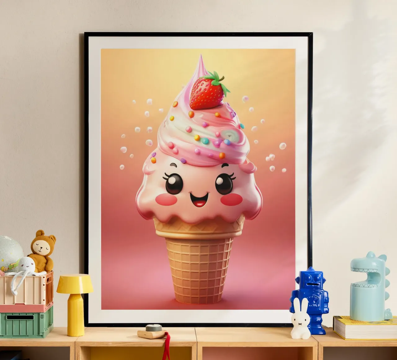 Kawaii Strawberry Ice Cream Delight poster con telaio in alluminio da Hightown Design