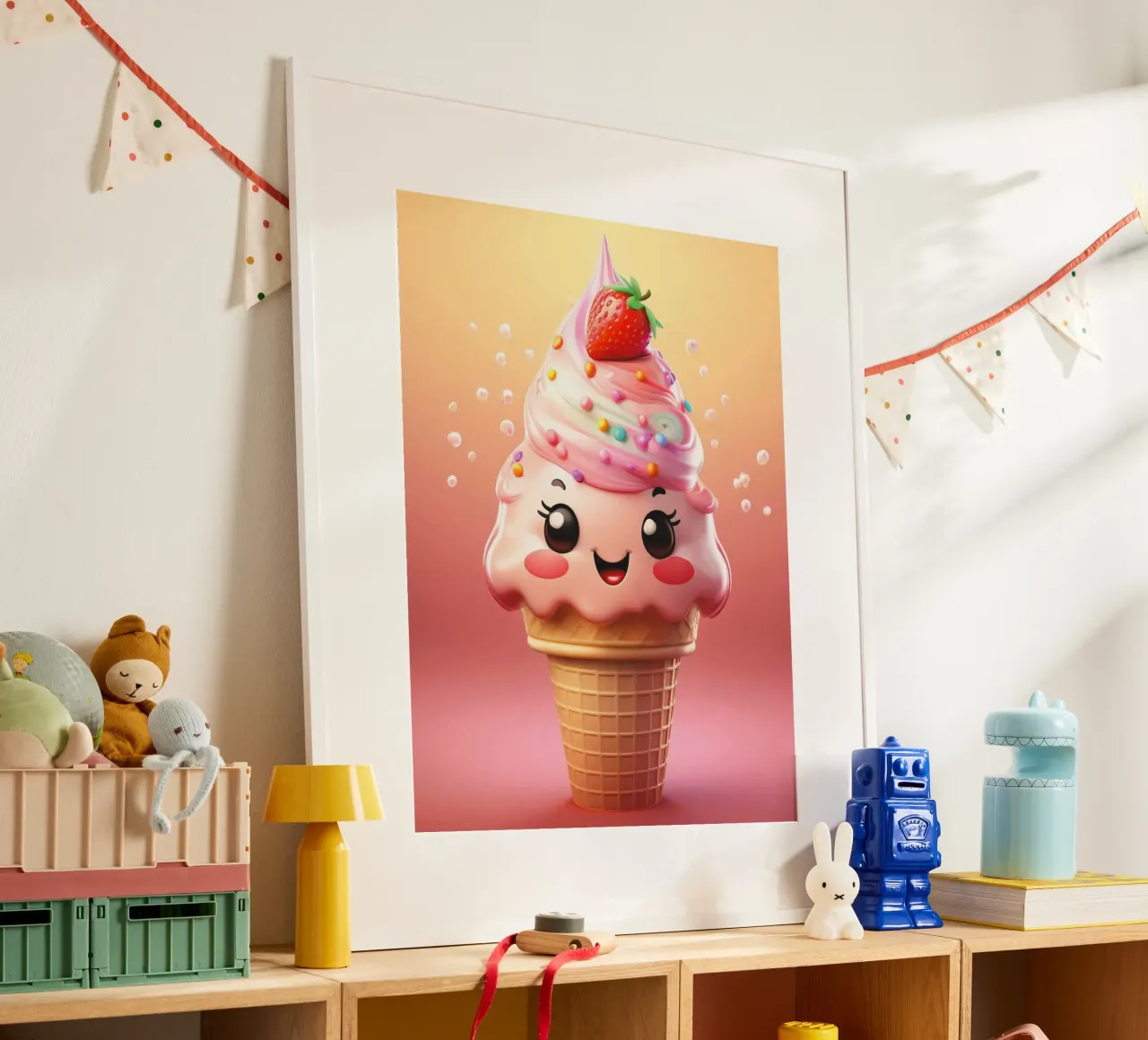 Kawaii Strawberry Ice Cream Delight poster con telaio in alluminio da Hightown Design