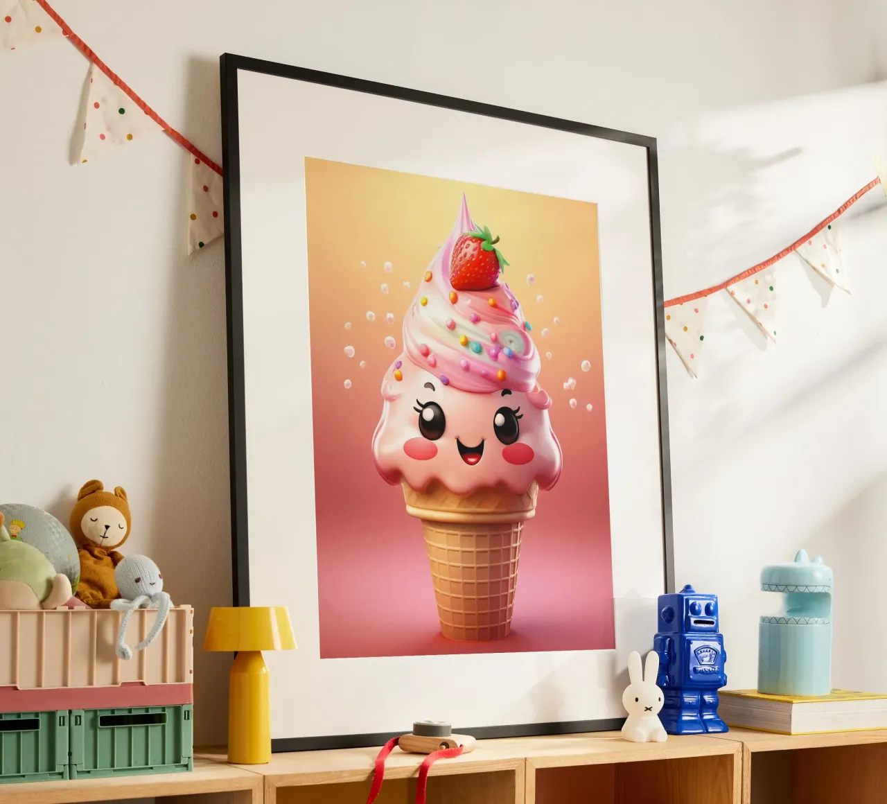 Kawaii Strawberry Ice Cream Delight poster con telaio in alluminio da Hightown Design