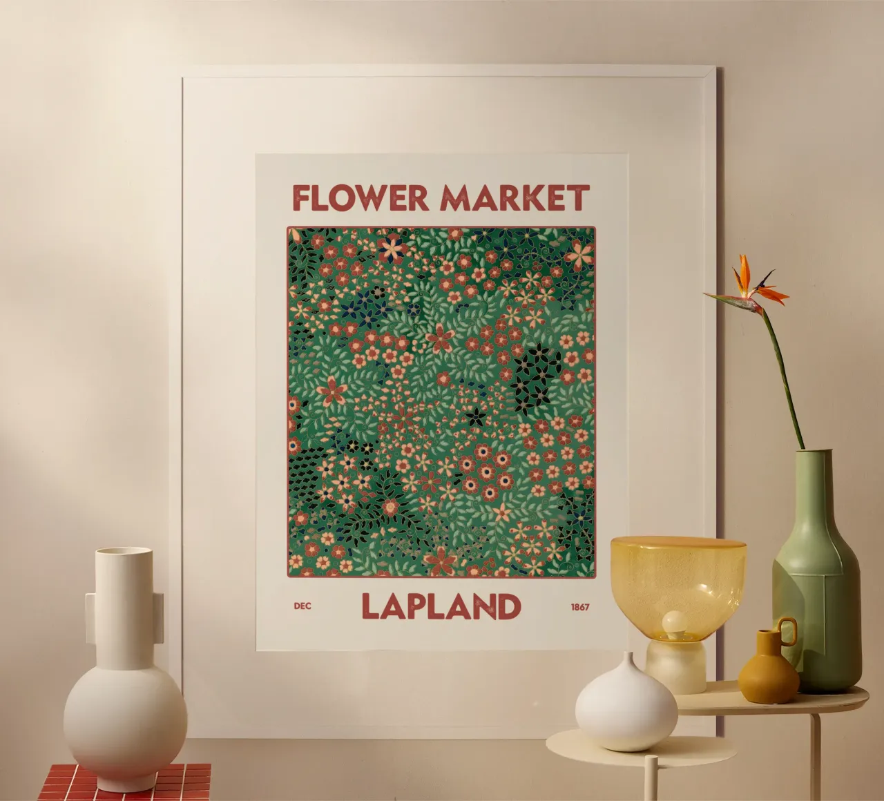 Mercato dei fiori della Lapponia poster con telaio in legno da Vintagrafica