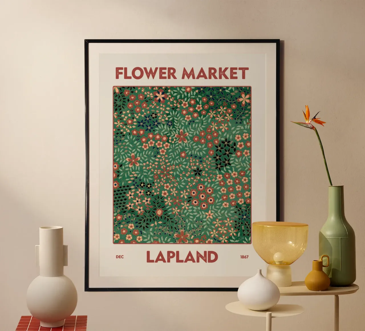 Mercato dei fiori della Lapponia poster con telaio in legno da Vintagrafica