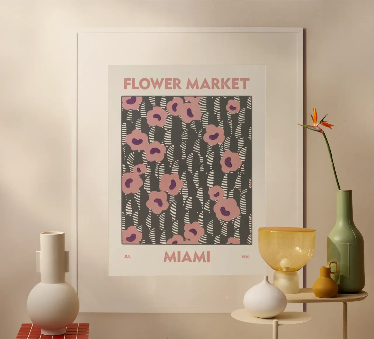 Mercato dei fiori di Miami poster con telaio in legno da Vintagrafica