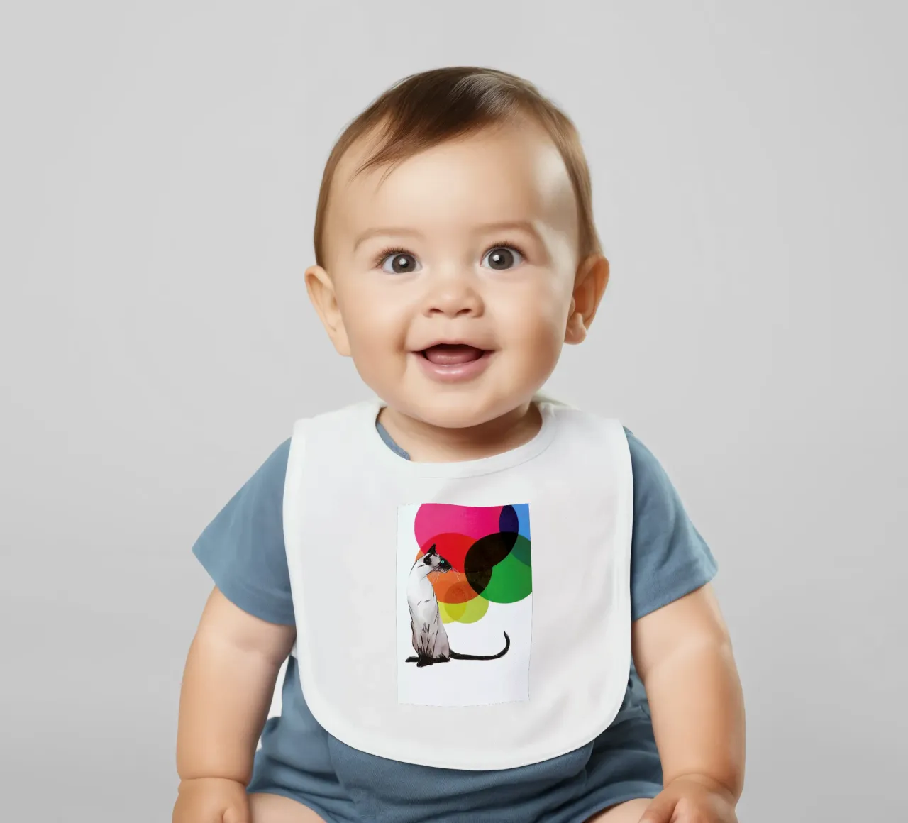 Siamese Cat with colorful balls baby bib by Rococco LA