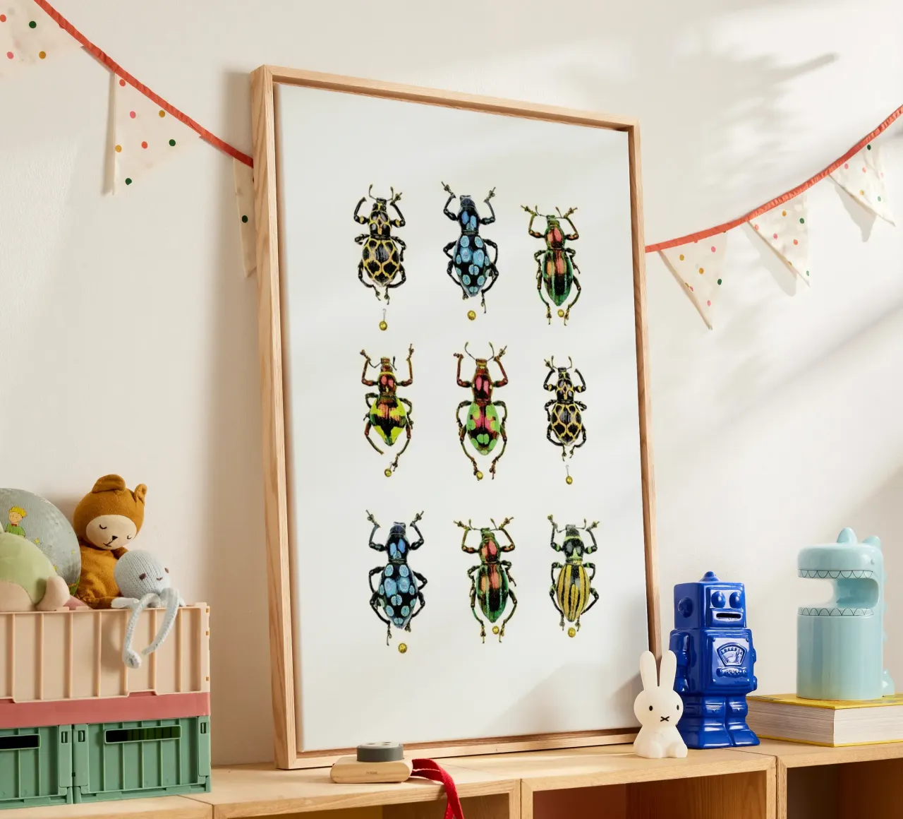 Tiny Treasures: Shiny Colorful Beetles Poster canvas with Floater frame by Curious Collections by Marielle Leenders