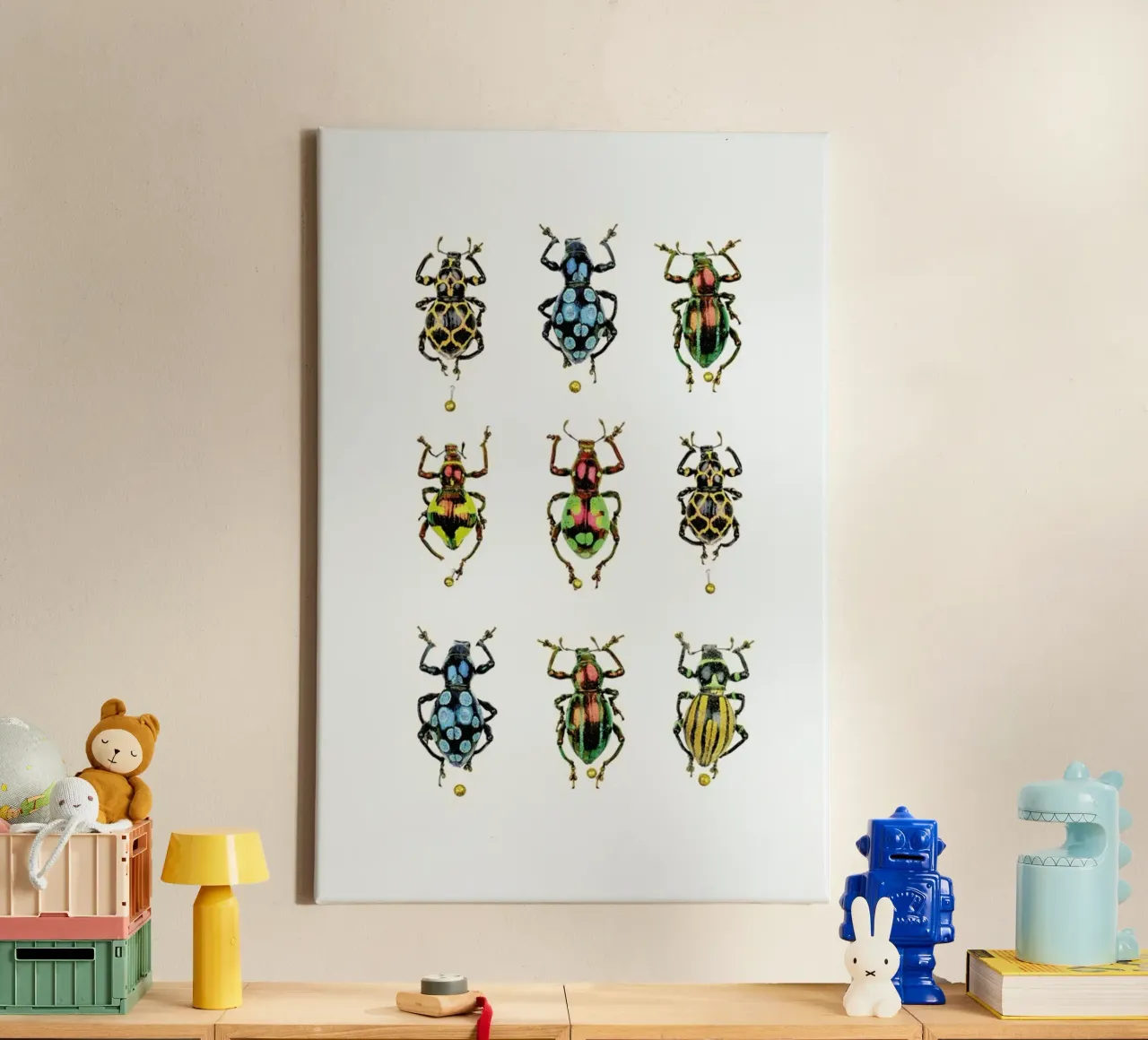 Tiny Treasures: Shiny Colorful Beetles Poster canvas with Floater frame by Curious Collections by Marielle Leenders