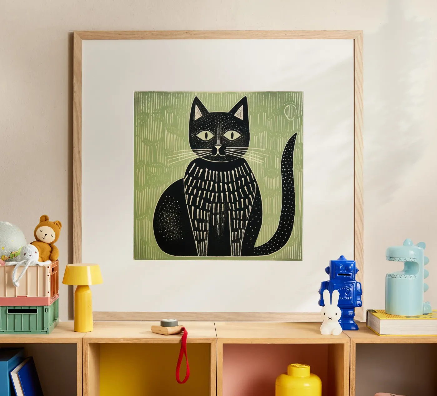 Groene kat poster van Minimal Animal Art