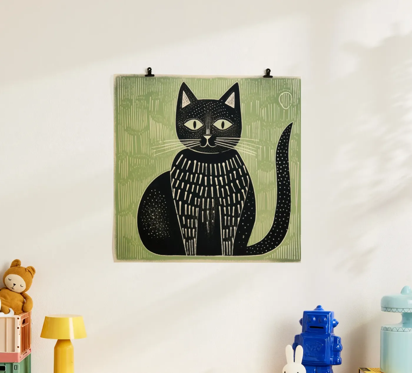 Groene kat poster van Minimal Animal Art