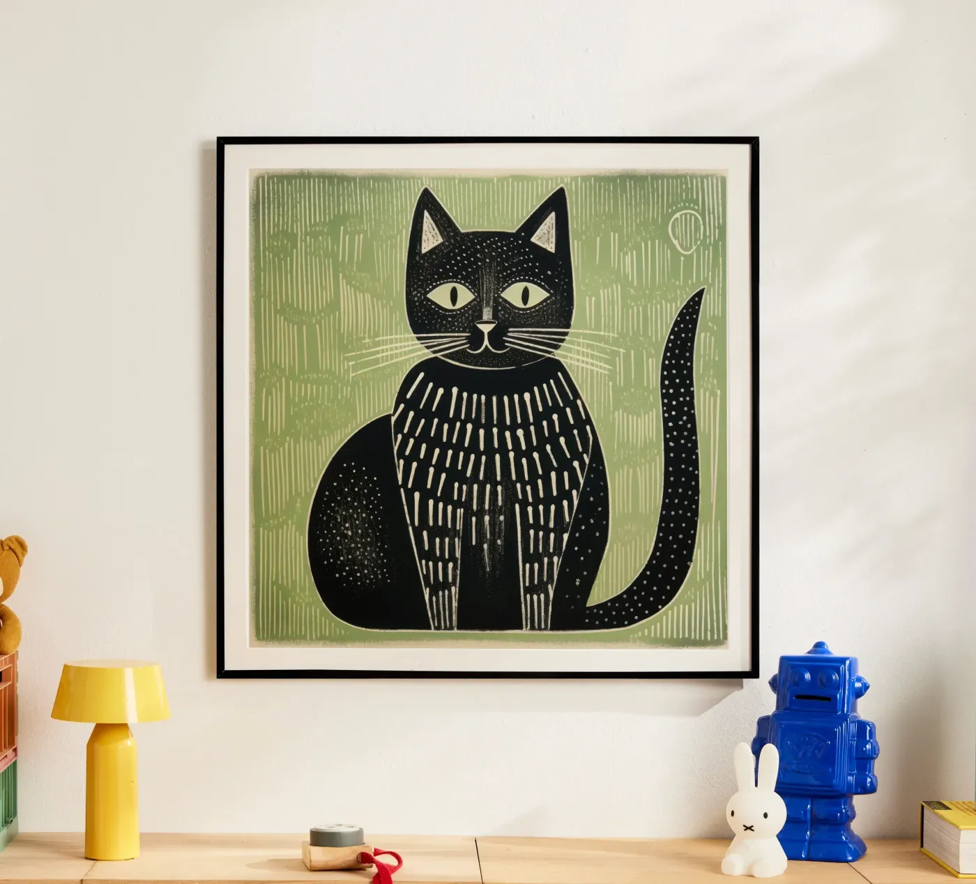 Groene kat poster van Minimal Animal Art