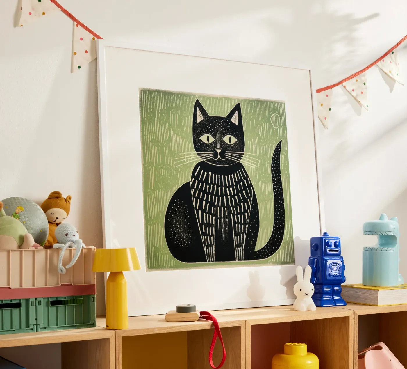 Groene kat poster van Minimal Animal Art