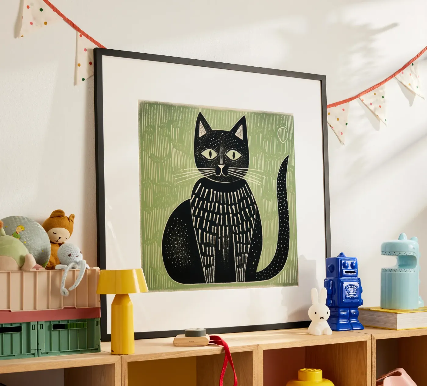 Groene kat poster van Minimal Animal Art