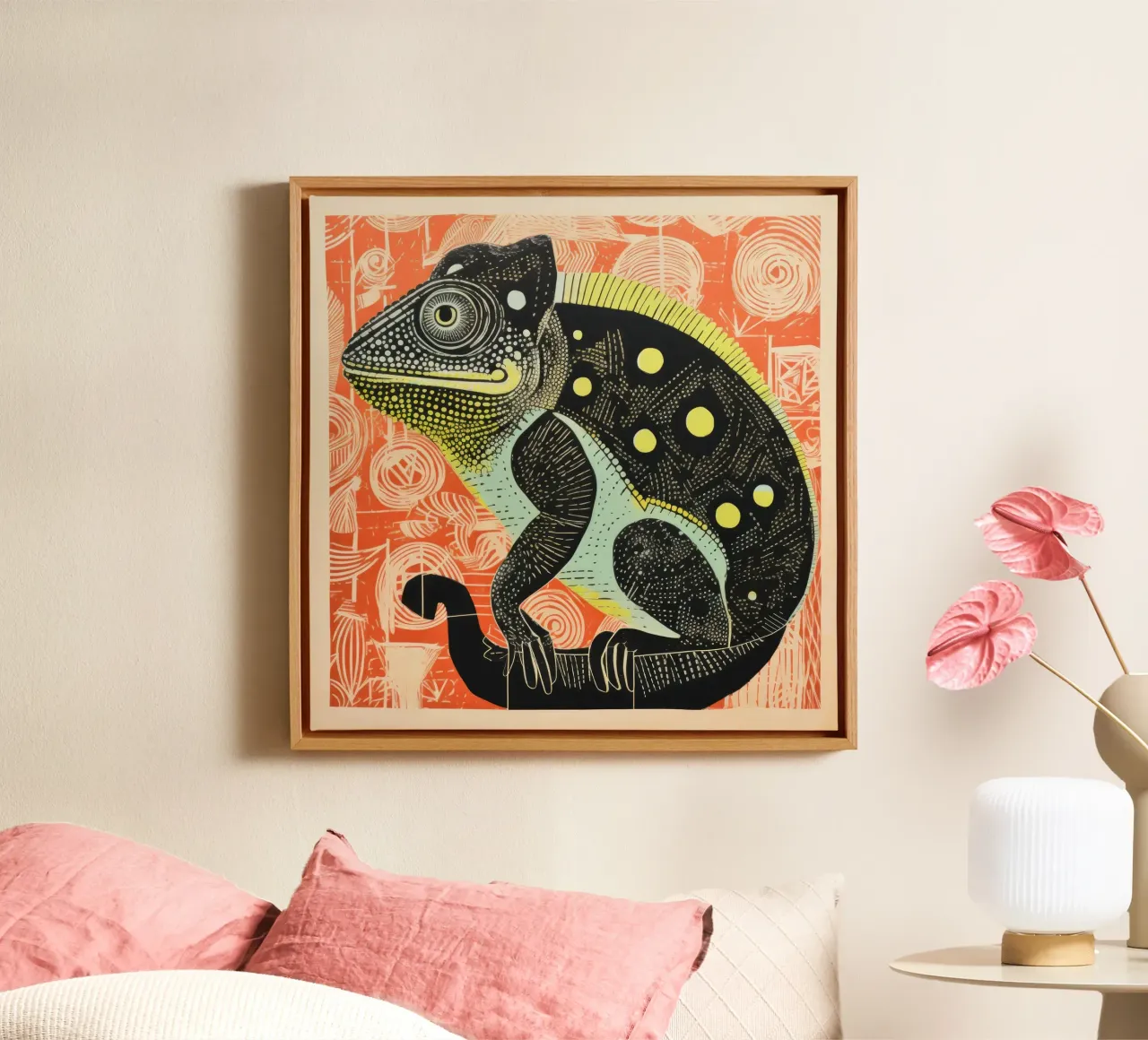 Groene kameleon 1 canvas met Baklijst van Minimal Animal Art