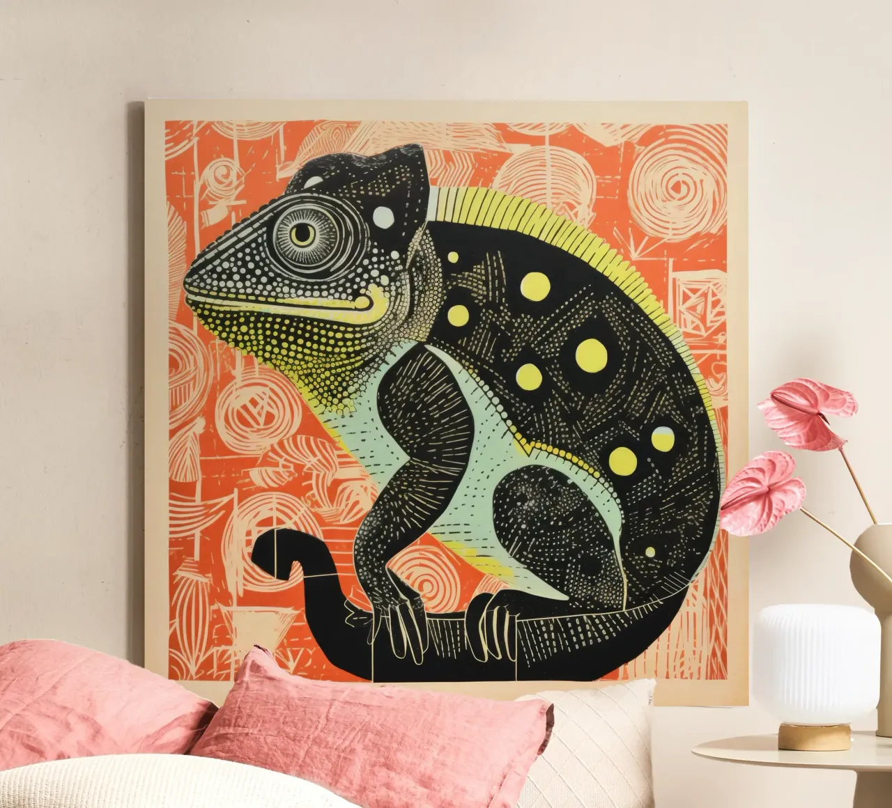 Groene kameleon 1 canvas met Baklijst van Minimal Animal Art