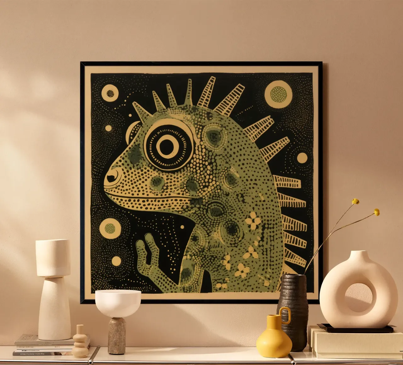 Camaleonte verde 3 poster con telaio in legno da Minimal Animal Art
