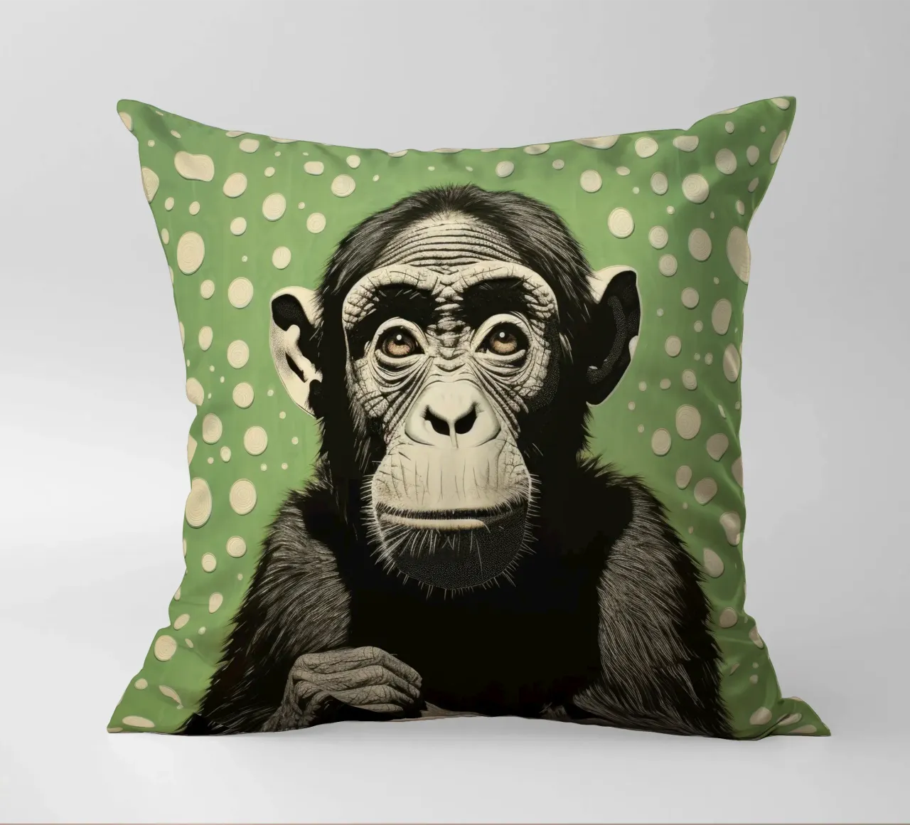 Groene chimpansee 2 kussen van Minimal Animal Art