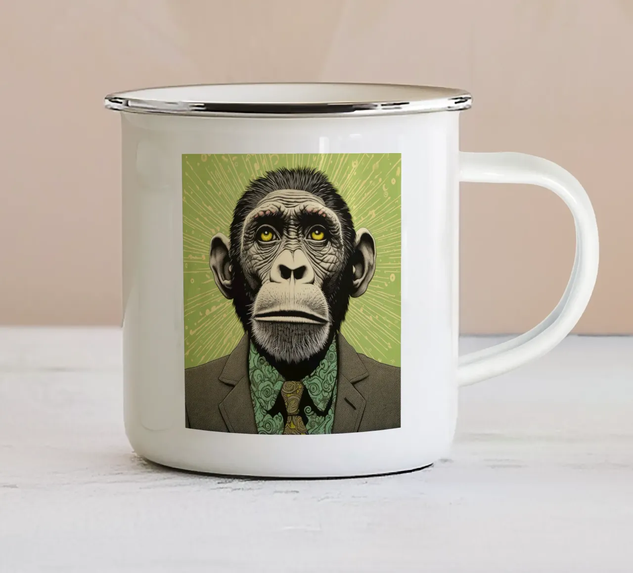 Grüner Schimpanse 3 Emaille Tasse von Minimal Animal Art