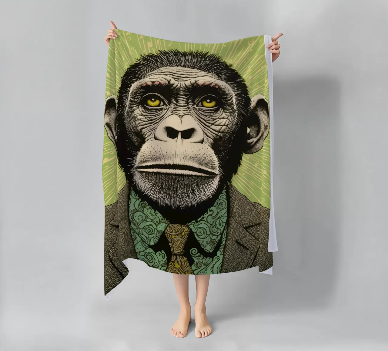 Green Chimpanzee 3 beach towel by Minimal Animal Art