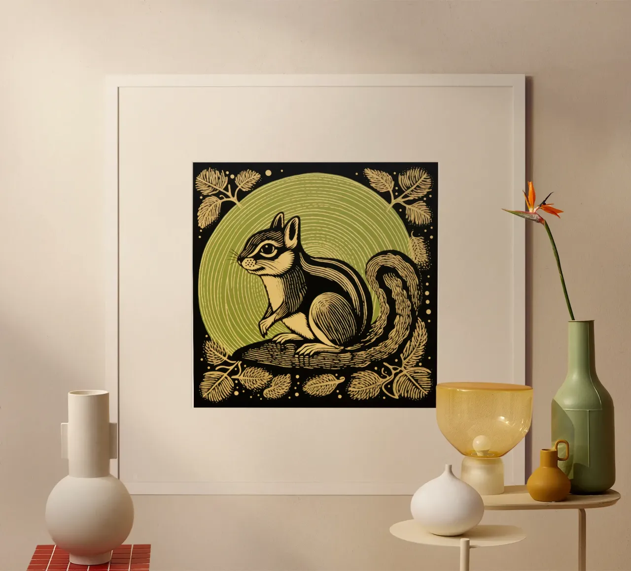 Scoiattolo verde 1 poster con telaio in legno da Minimal Animal Art