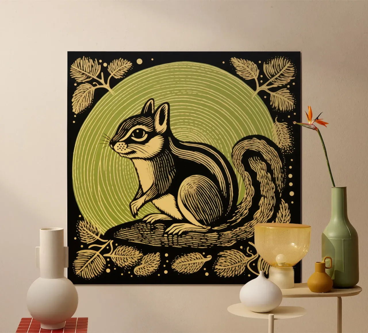 Scoiattolo verde 1 poster con telaio in legno da Minimal Animal Art
