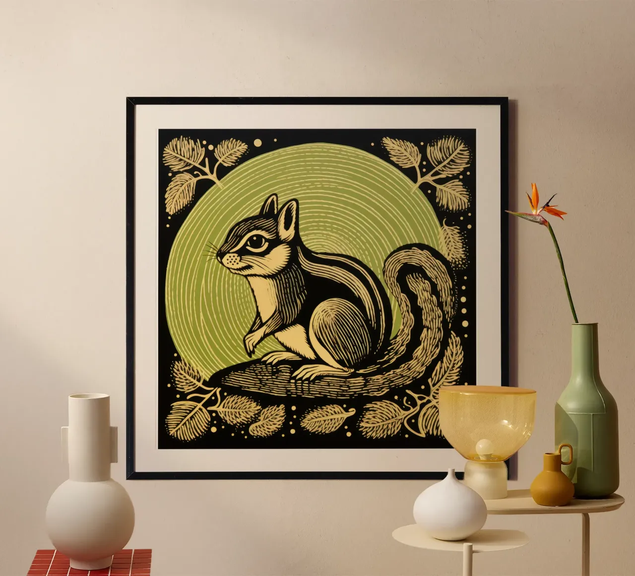 Scoiattolo verde 1 poster con telaio in legno da Minimal Animal Art