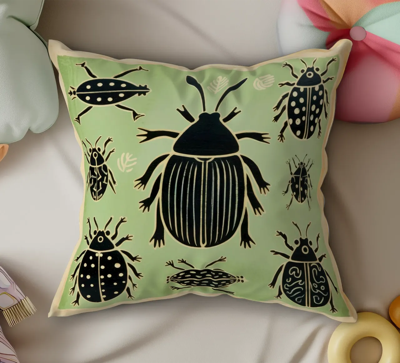 Green Cockroach 1 decorative cushion by Minimal Animal Art