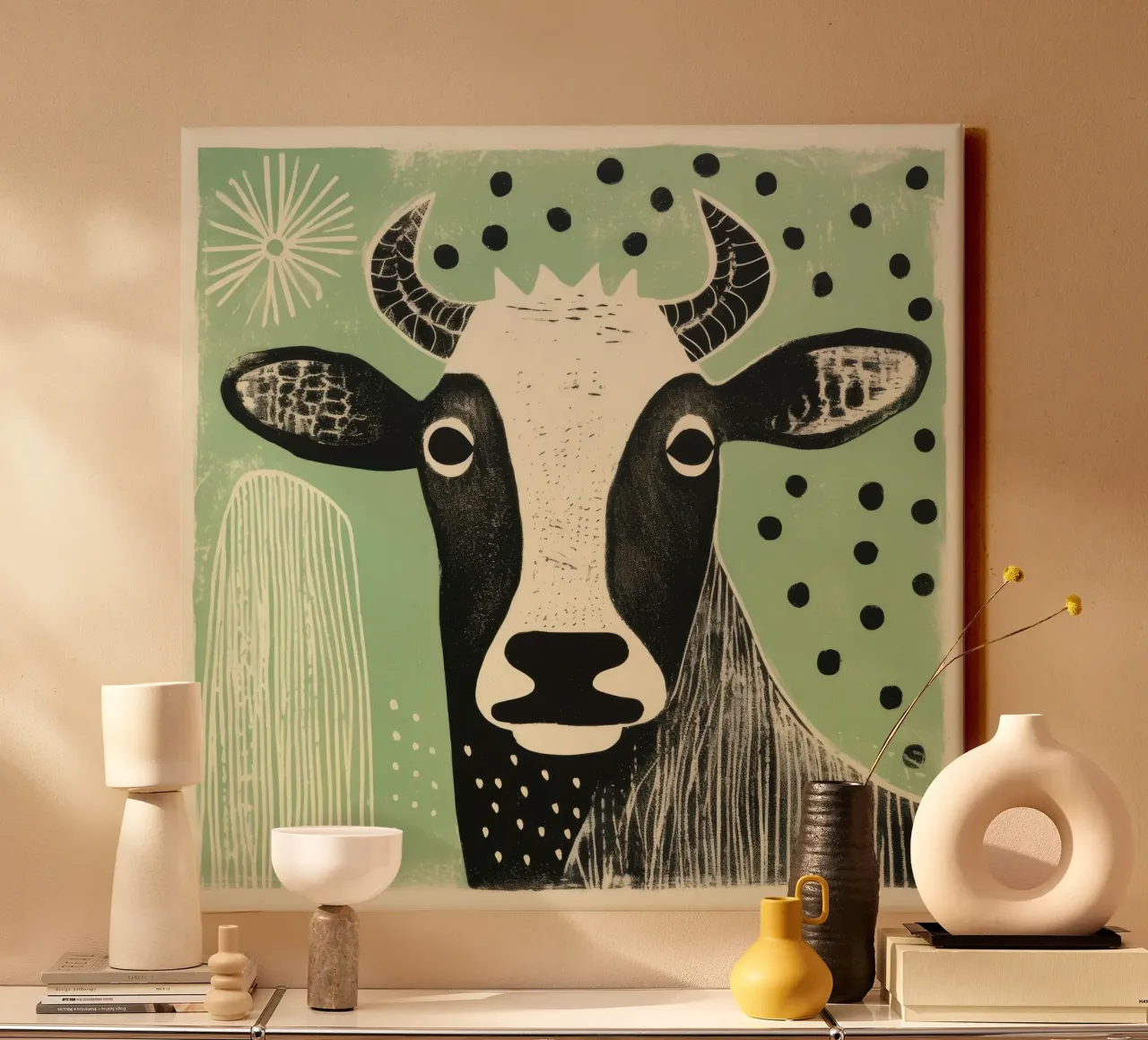 Mucca verde 1 tela da Minimal Animal Art