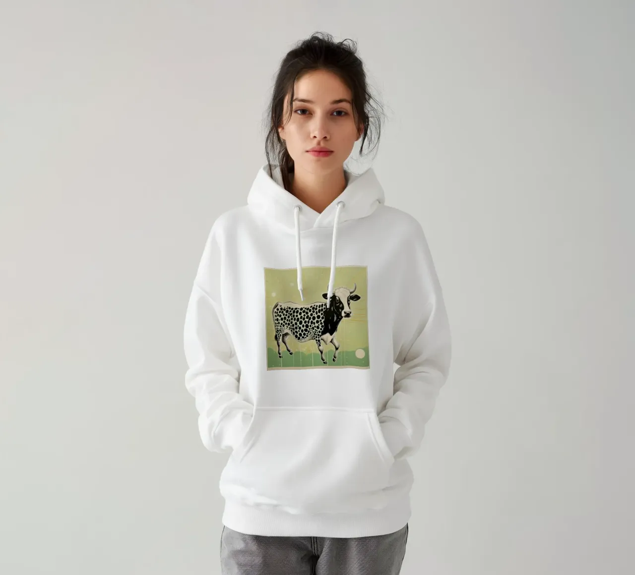 Mucca verde 3 felpa con cappuccio da Minimal Animal Art