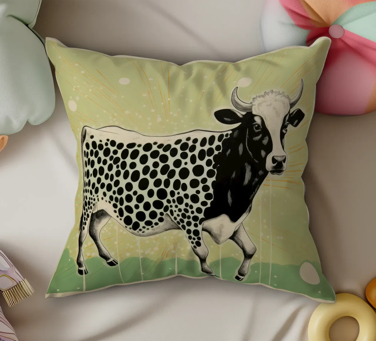 Mucca verde 3 cuscino da Minimal Animal Art