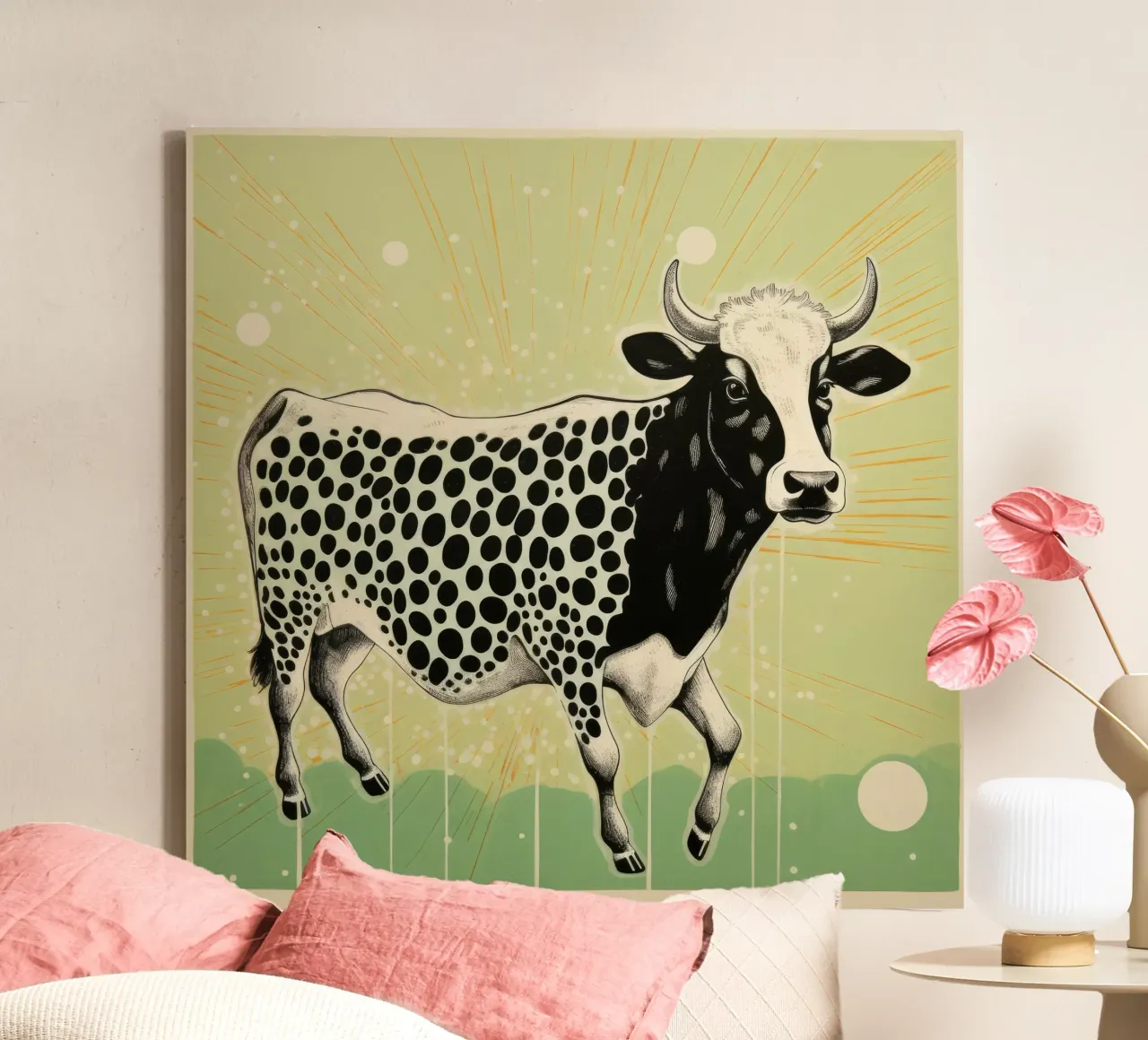 Mucca verde 3 tela da Minimal Animal Art