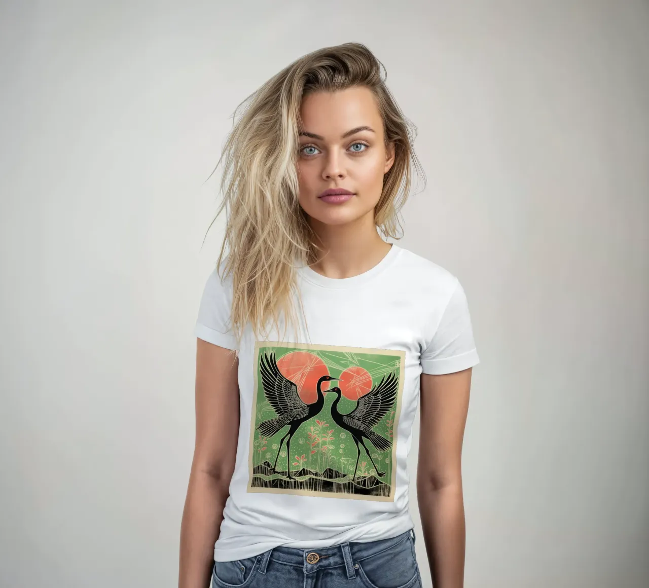 Green Crane 1 women's fitted t-shirt by Minimal Animal Art