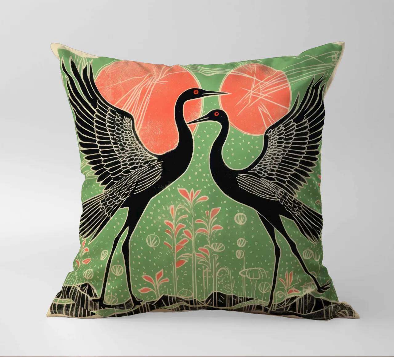 Green Crane 1 decorative cushion by Minimal Animal Art
