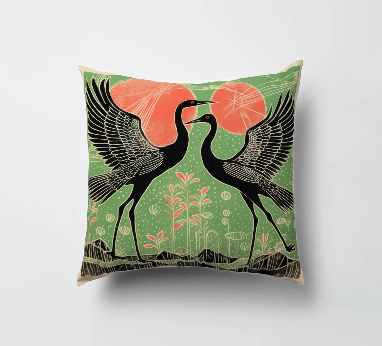 Green Crane 1 decorative cushion by Minimal Animal Art