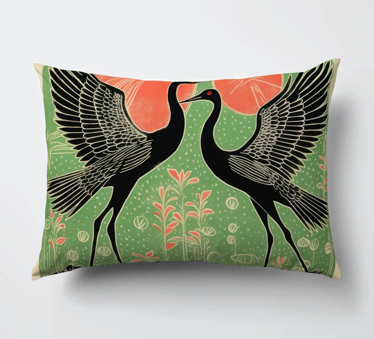 Green Crane 1 decorative cushion by Minimal Animal Art