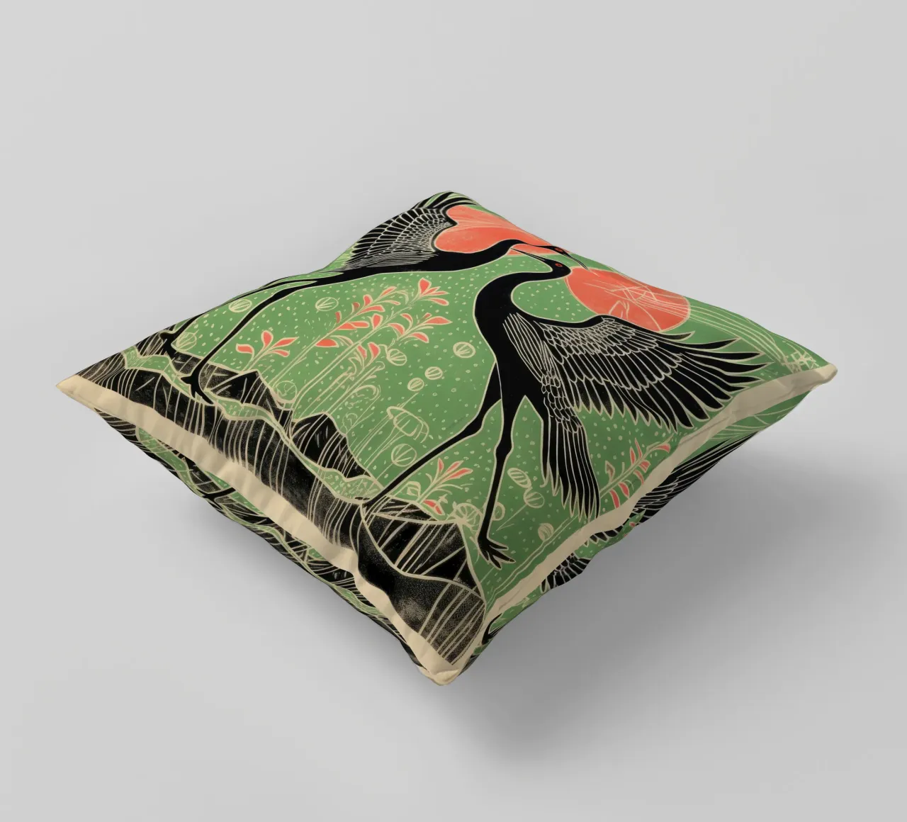Green Crane 1 decorative cushion by Minimal Animal Art