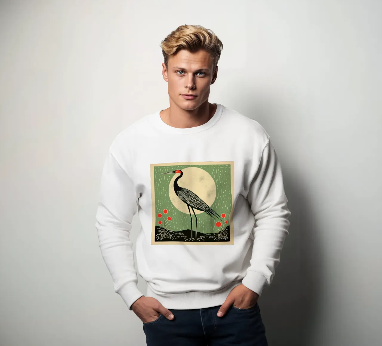 Green Crane sweatshirt by Minimal Animal Art