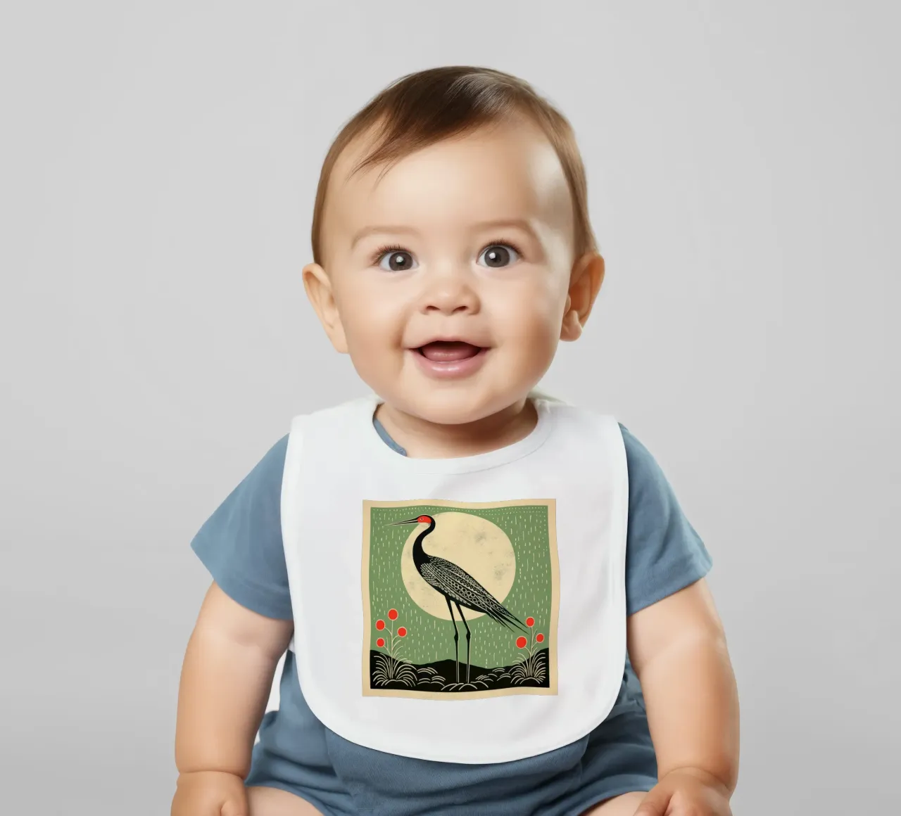 Green Crane baby bib by Minimal Animal Art