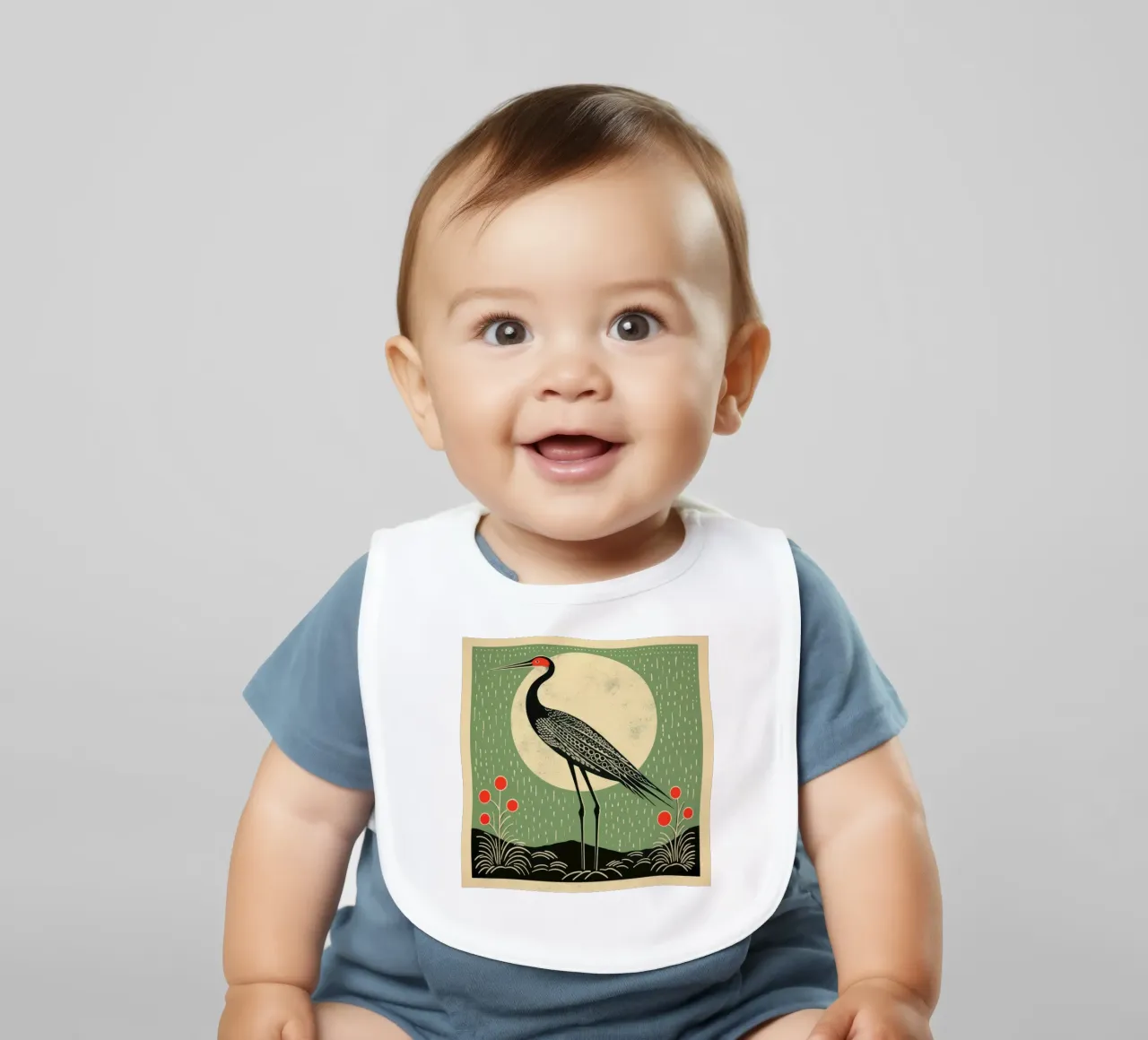 Green Crane baby bib by Minimal Animal Art