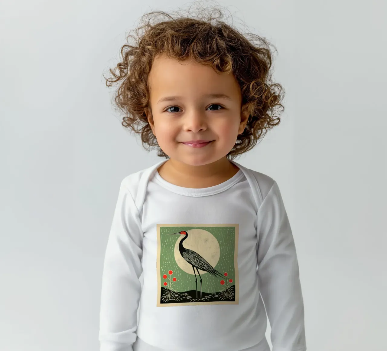 Green Crane long-sleeve baby romper by Minimal Animal Art