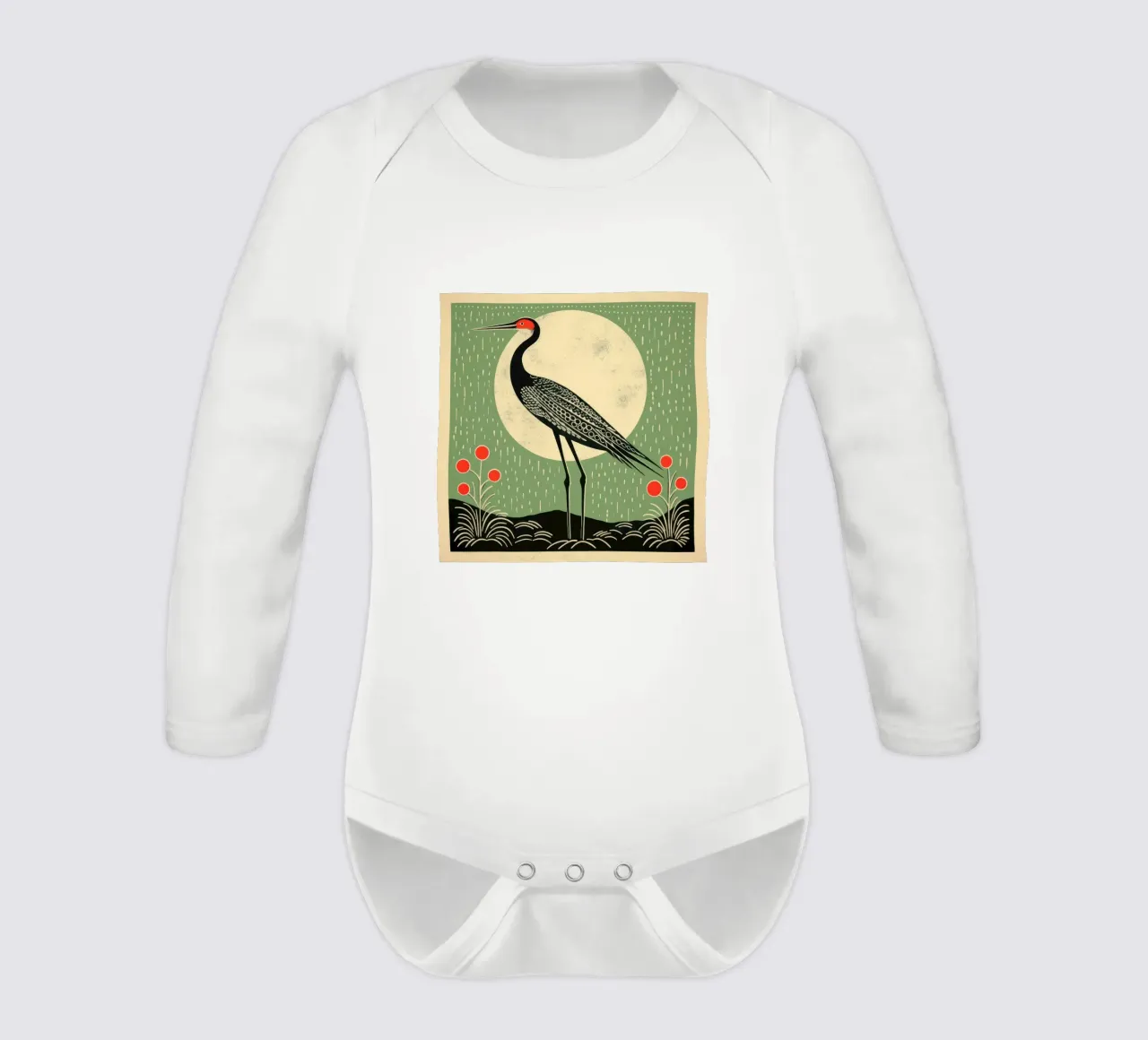 Green Crane long-sleeve baby romper by Minimal Animal Art