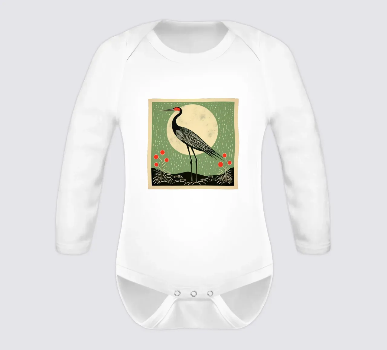 Green Crane long-sleeve baby romper by Minimal Animal Art