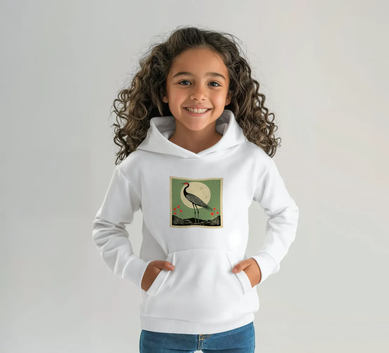 Green Crane kids hoodie by Minimal Animal Art