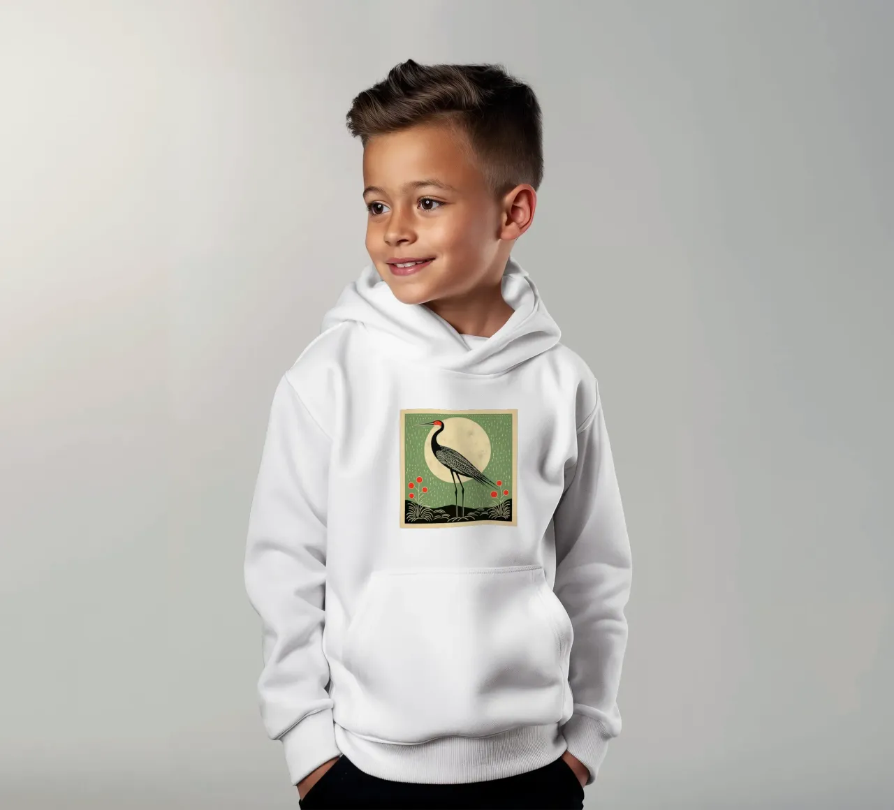 Green Crane kids hoodie by Minimal Animal Art