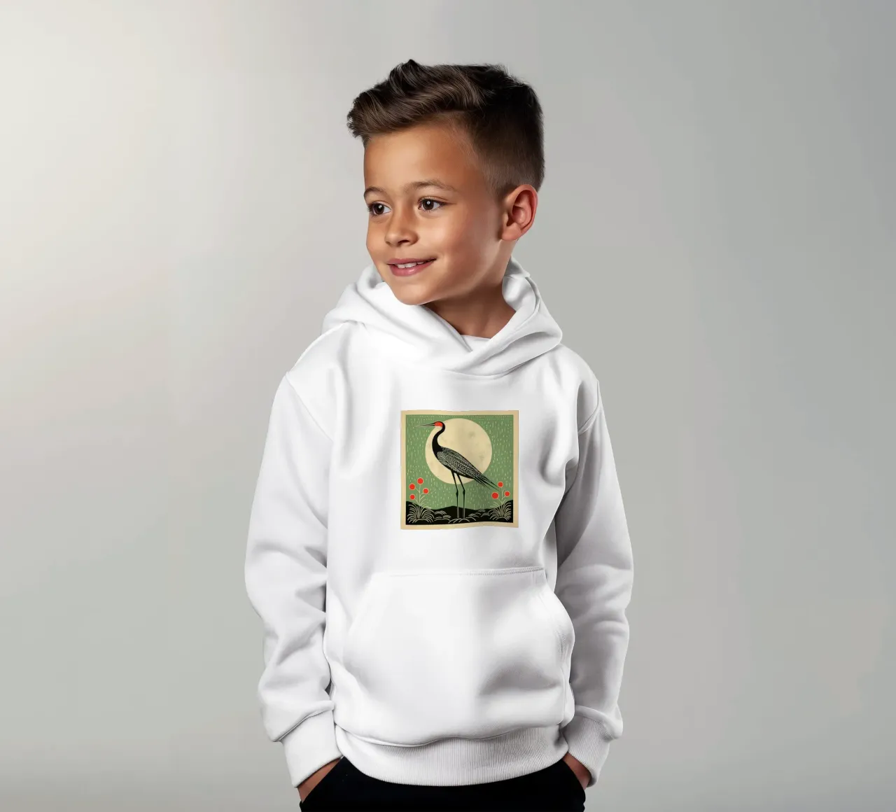 Green Crane kids hoodie by Minimal Animal Art