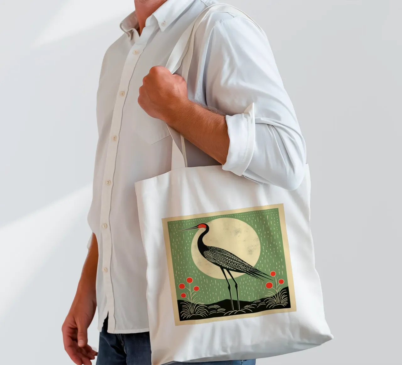 Green Crane tote bag by Minimal Animal Art
